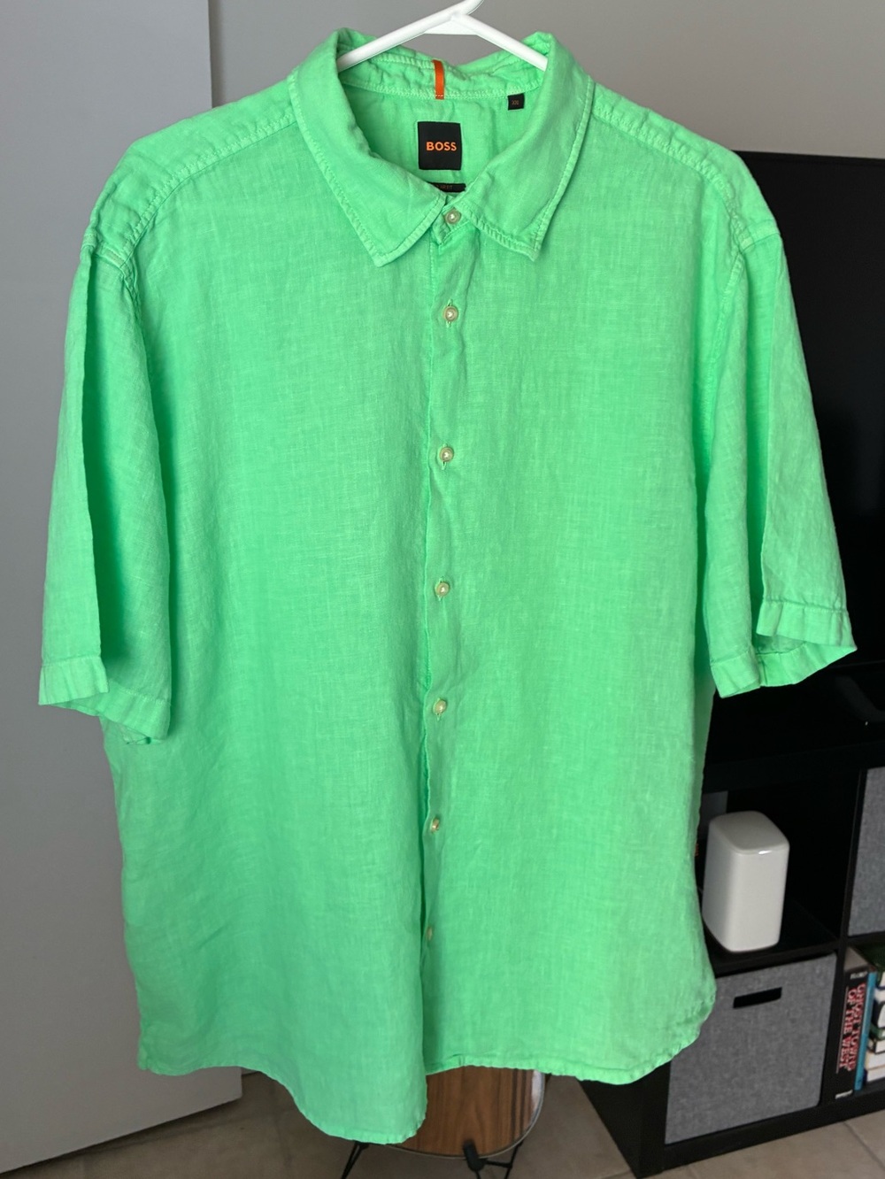 BOSS Hugo Boss Mens XXL Short Sleeve Linen Shirt Regular Fit Vibrant Green Summe